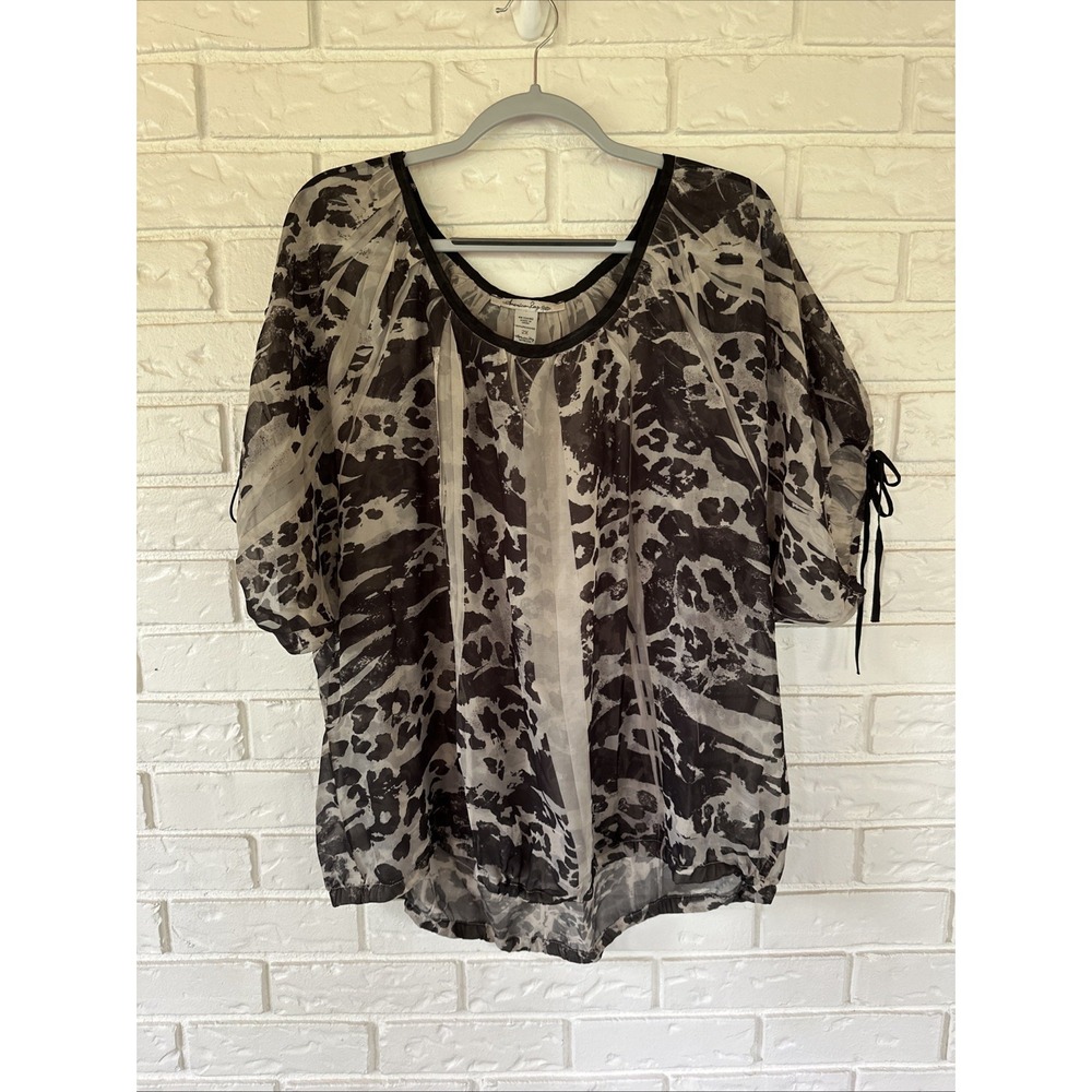 American Rag Women's 2XL Brown Animal Print Sheer Short Bow Sleeve Blouse